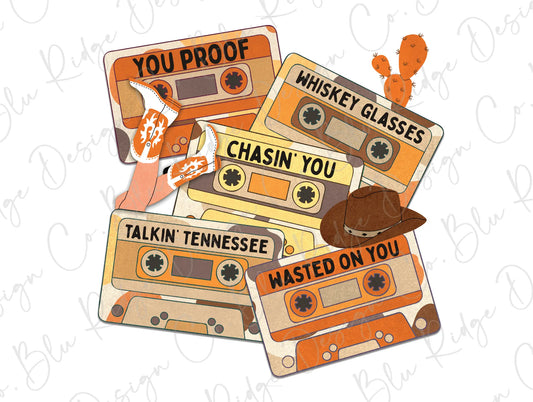 Country Western Music Cassette Tapes Cow Print Direct To Film (DTF) Transfer BluRidgeDesignCo