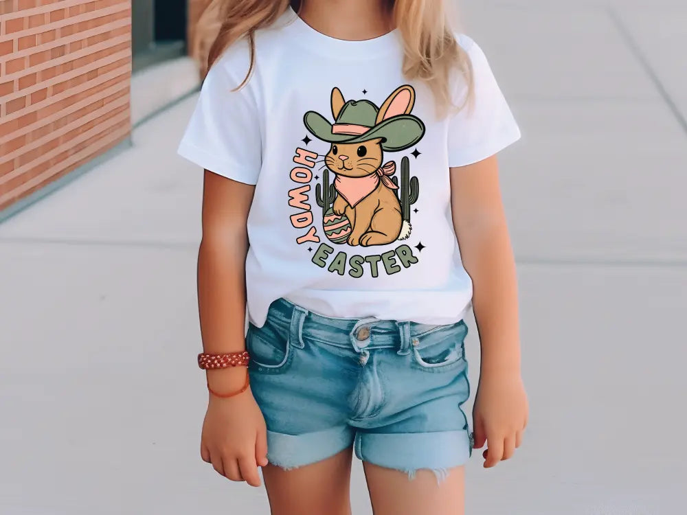 a little girl wearing a cowboy hat and a t - shirt