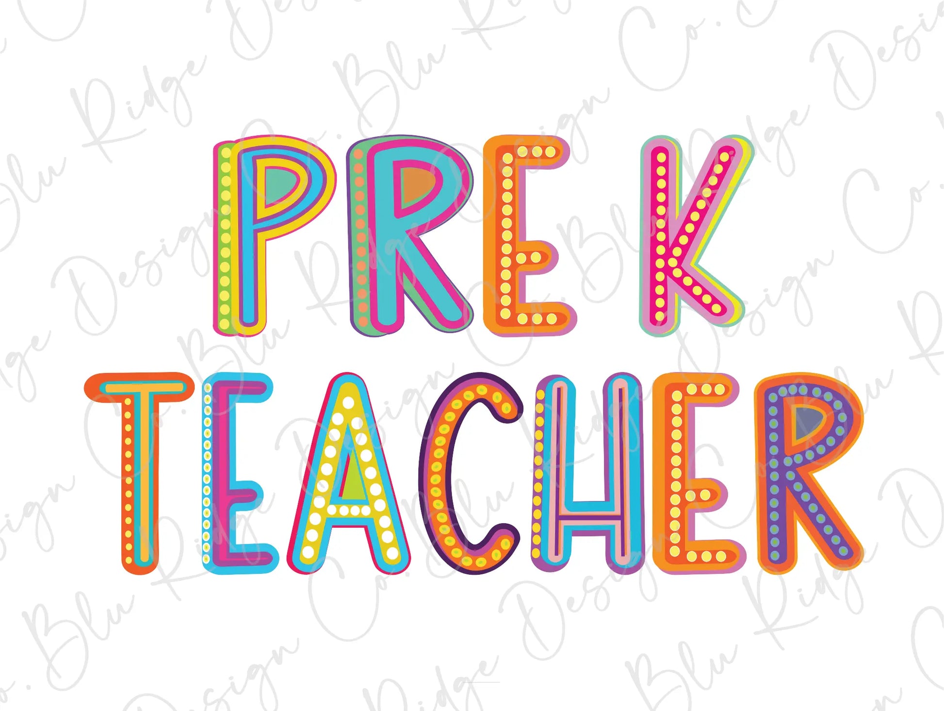 the words prek teacher are made up of neon colored letters