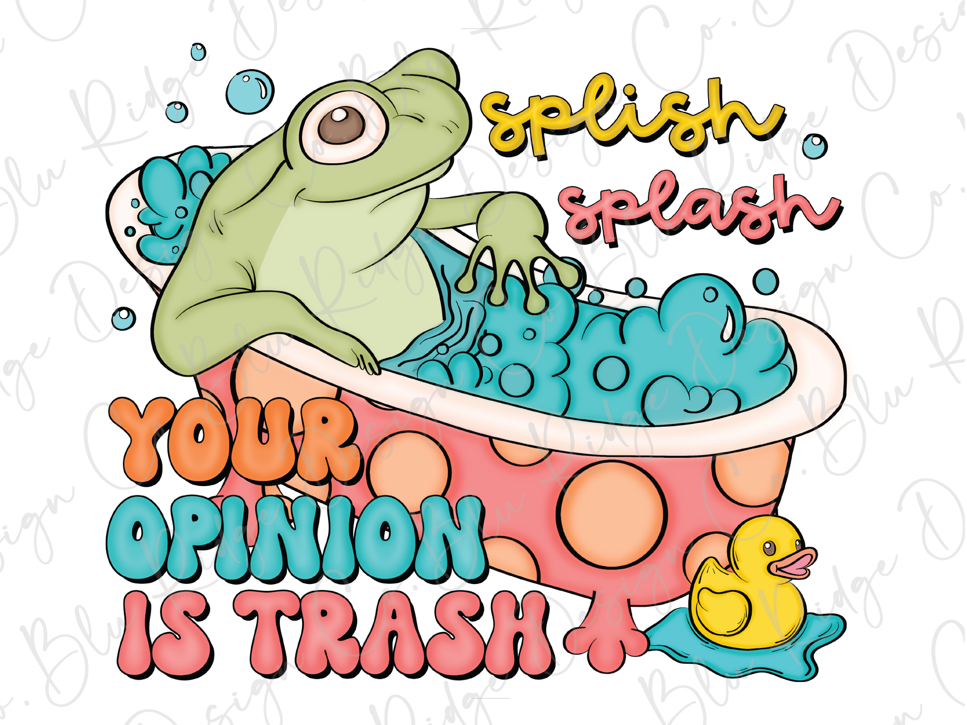 a frog in a bathtub with bubbles and a rubber duck