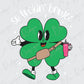 a green four leaf clover holding a baseball bat