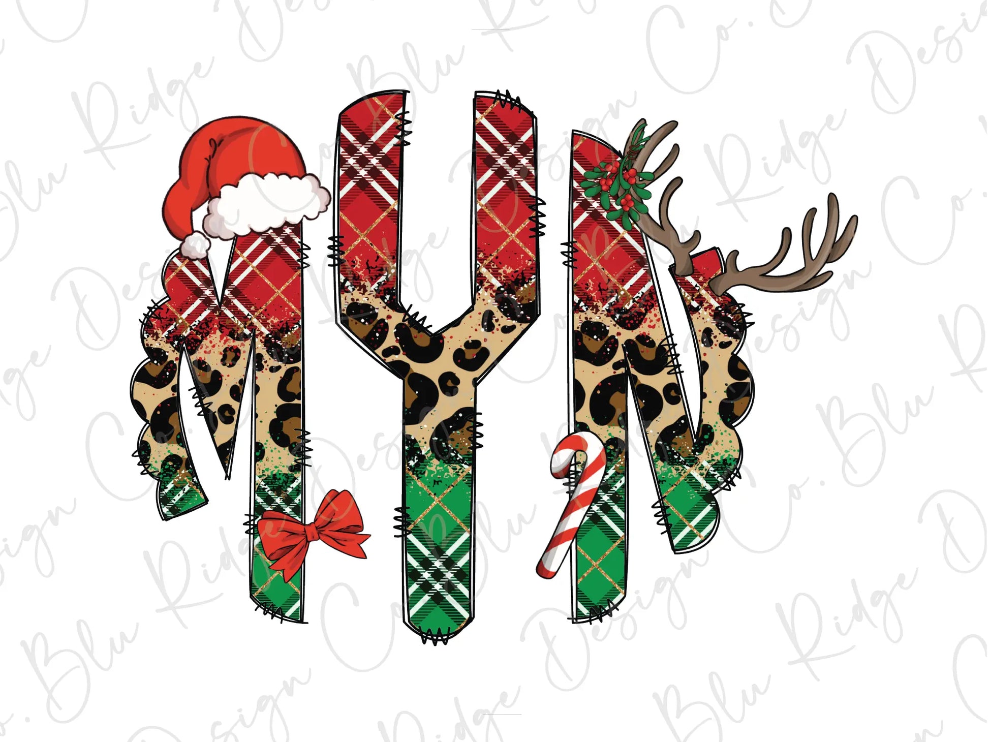 Christmas Characters with Leopard Plaid Personalized Monogram Design Direct To Film (DTF) Transfer BluRidgeDesignCo