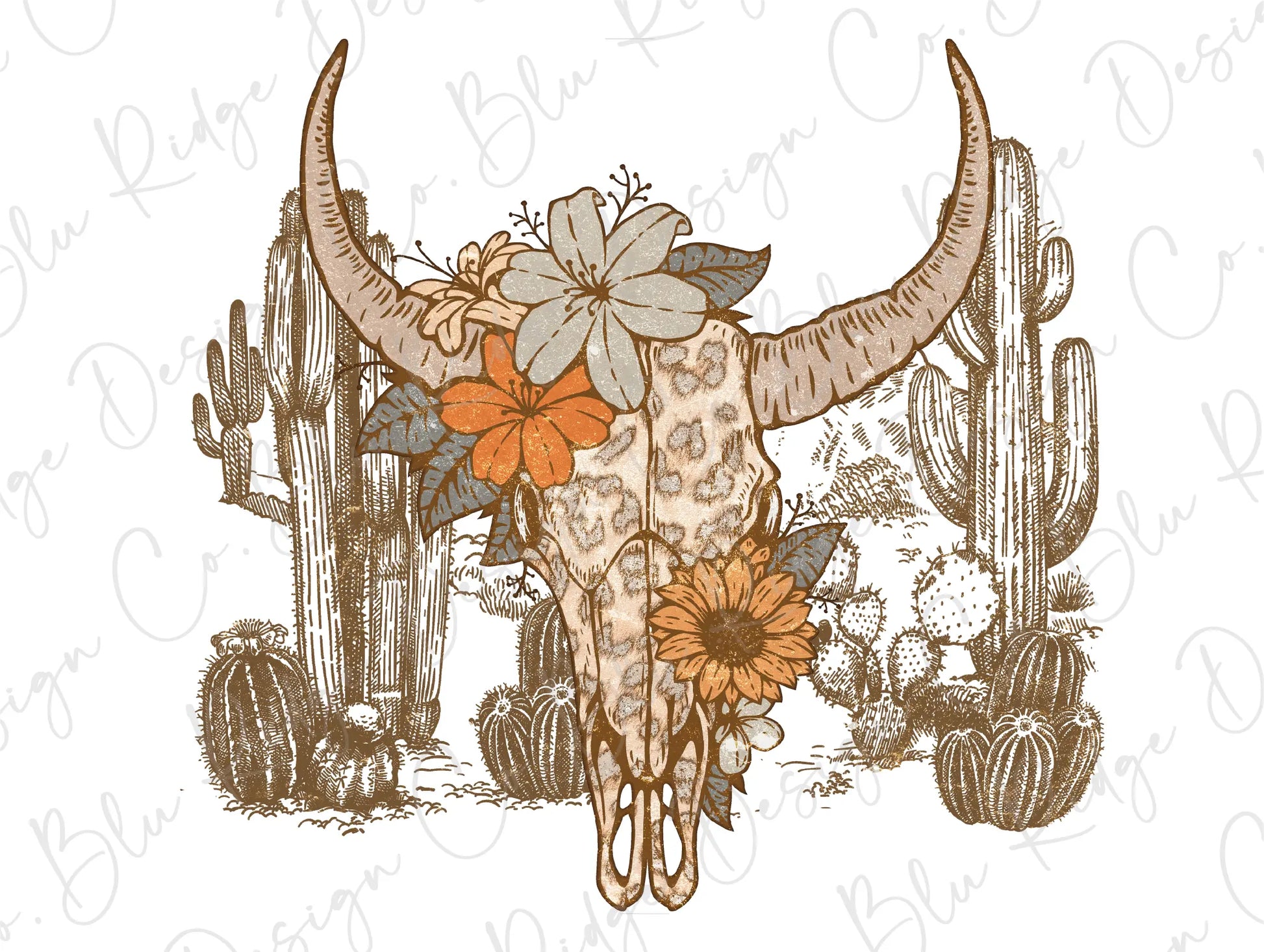 Western Desert Cow Skull Leopard Cactus Design Direct To Film (DTF) Transfer BluRidgeDesignCo