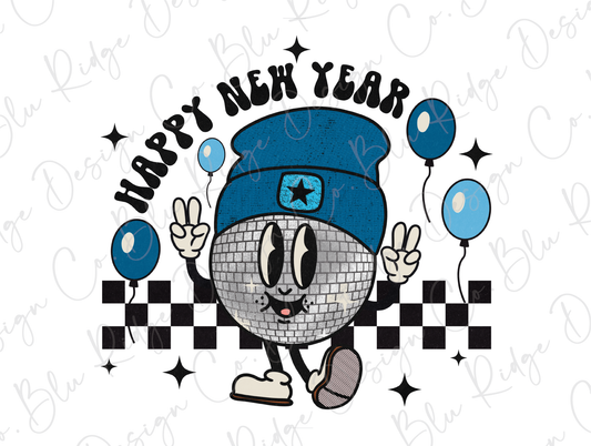 Retro Happy New Year Disco Ball Blue Direct to Film (DTF) Transfer