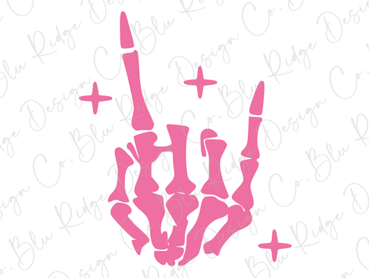 Pink Skeleton Hand Gesture For Hook 'Em Horns, Rock On or the Sign of Having a Good Time Direct To Film (DTF) Transfer