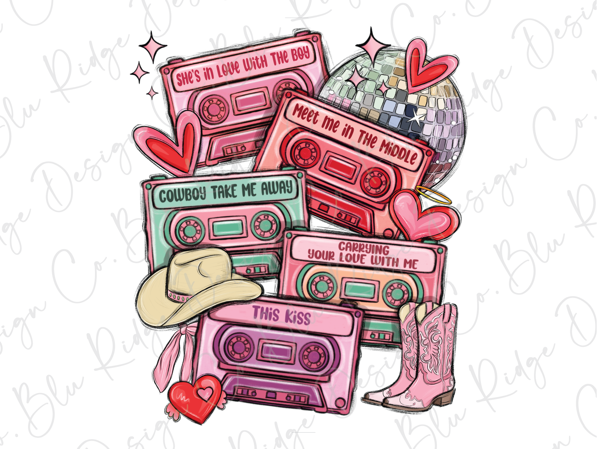 a pile of pink cassettes with a cowboy hat on top of them