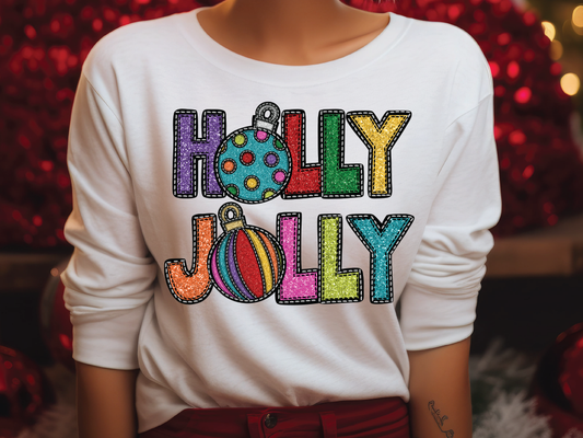 a female mannequin wearing a white shirt that says holly jolly