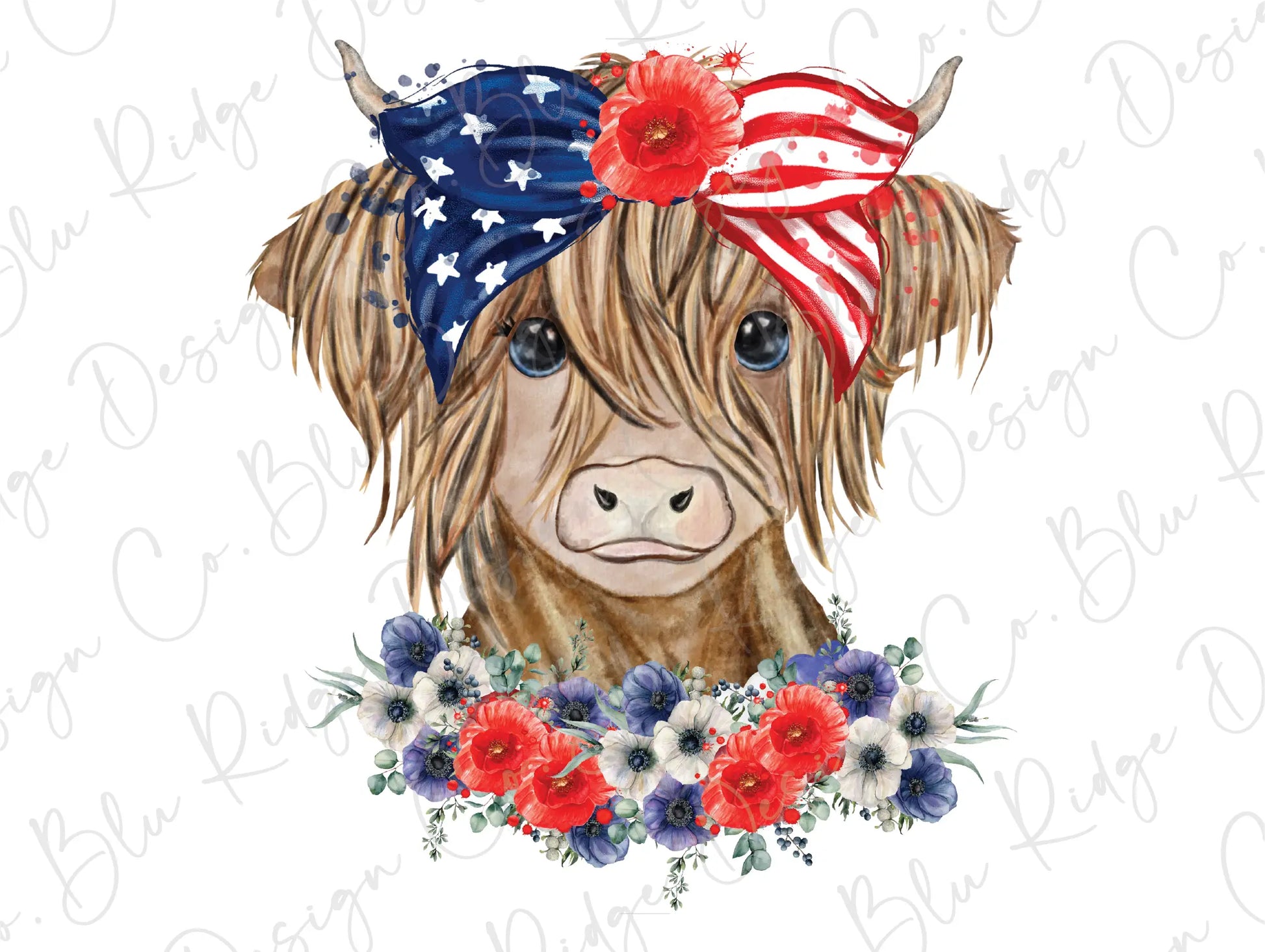 July 4th Western Highland Cow Direct To film (DTF) Transfer BluRidgeDesignCo