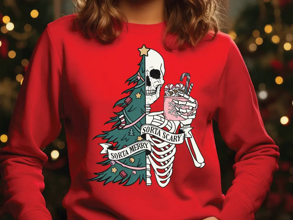 a woman wearing a red shirt with a skeleton holding a christmas tree
