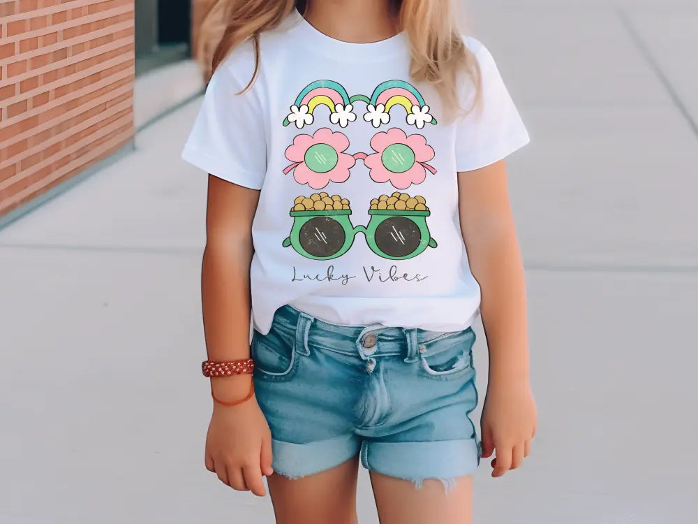 a little girl wearing a t - shirt with sunglasses on it