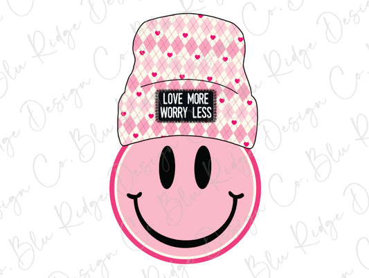 Valentines Day Pink Love More Worry Less Winter Smiley Face Hearts Direct To Film (DTF) Transfer BluRidgeDesignCo