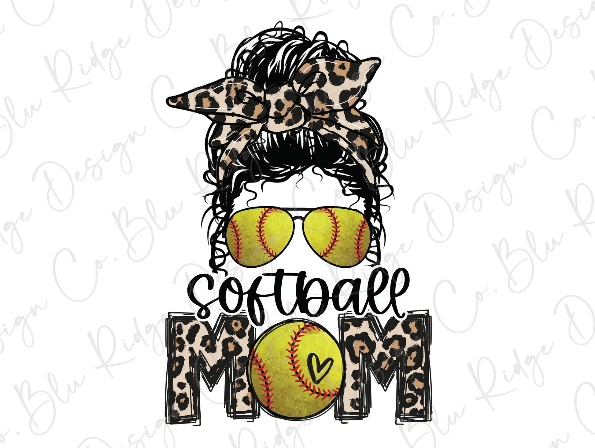 Leopard Softball Mom Messy Bun Football Bow Direct To Film (DTF) Transfer BluRidgeDesignCo