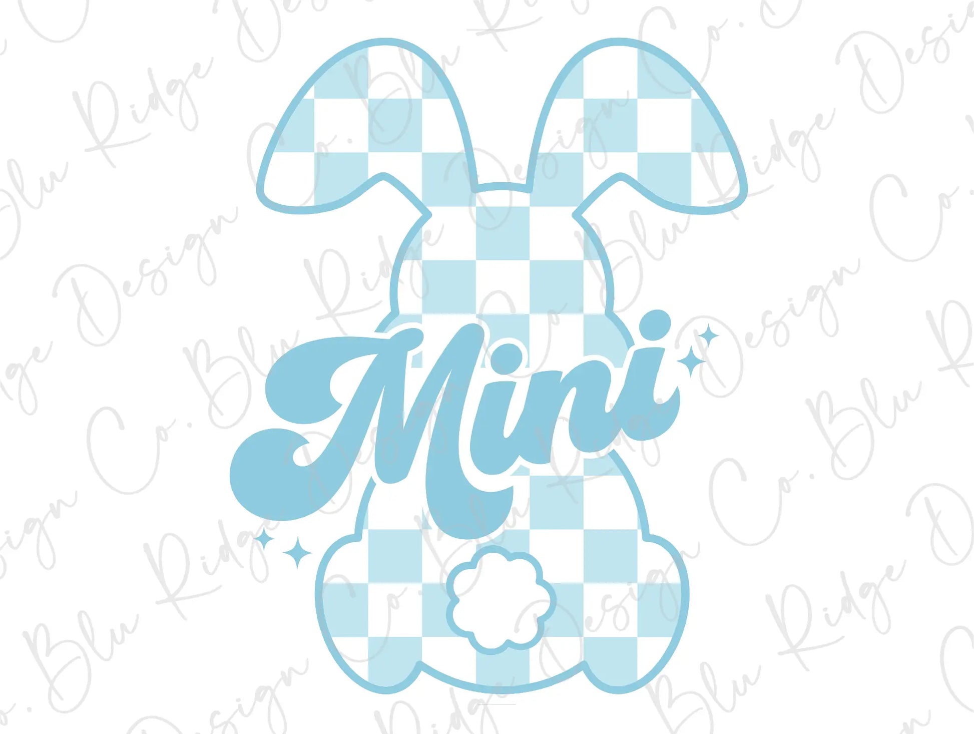 a blue bunny with the word mini on it