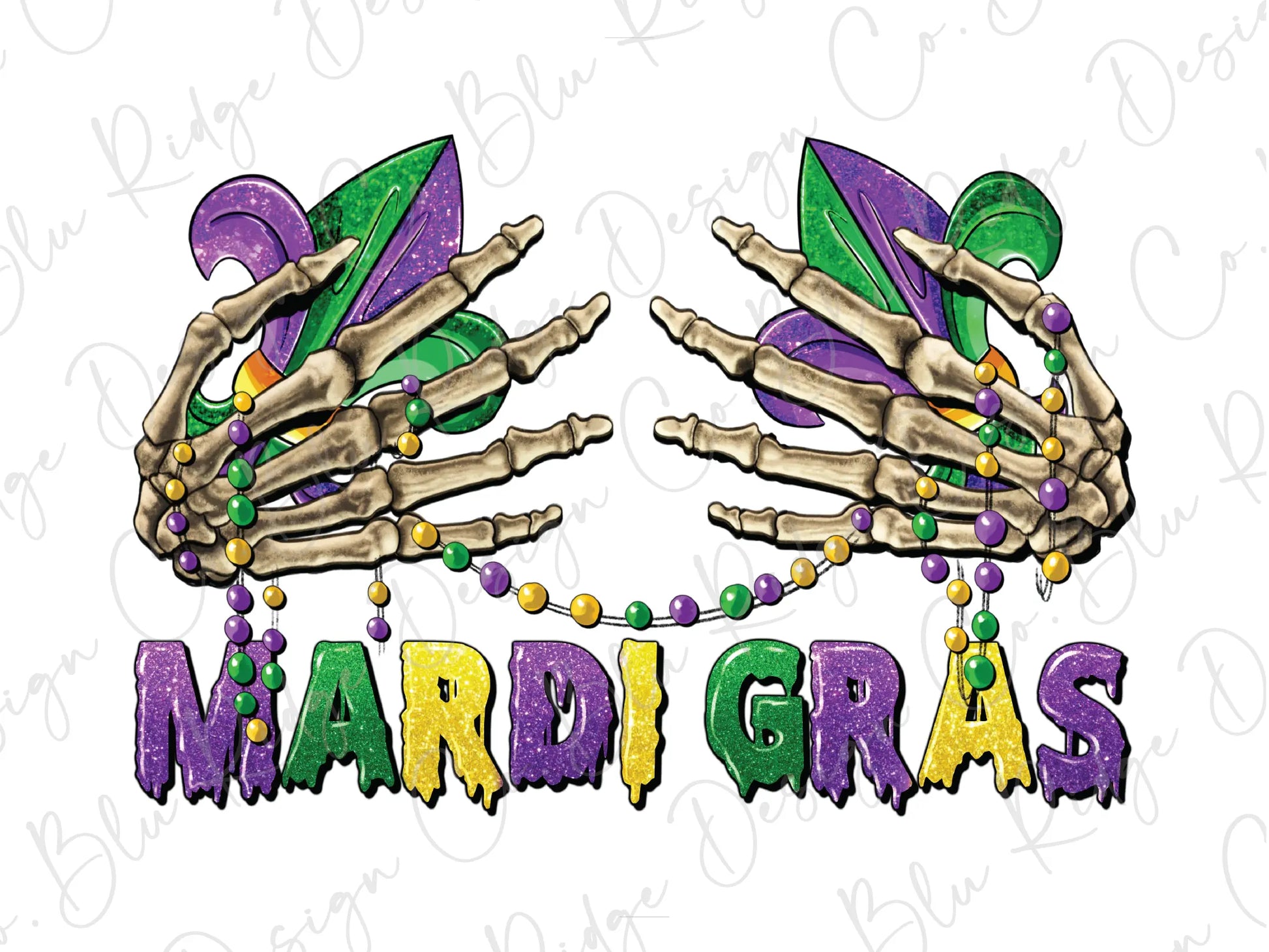 mardi gras skeleton hands with beads and beads