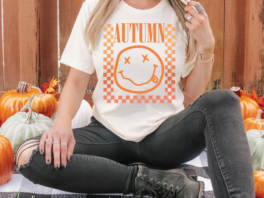 Autumn Retro Fall Checkered Smiley Face Direct To Film (DTF) Transfer
