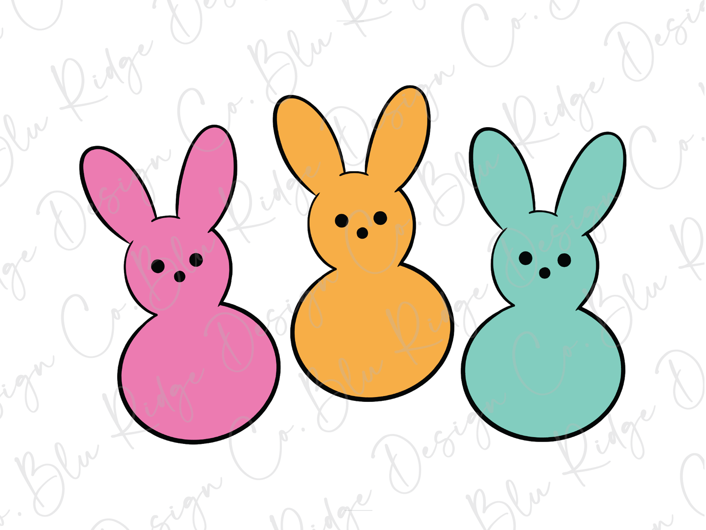 three bunnies in different colors on a white background