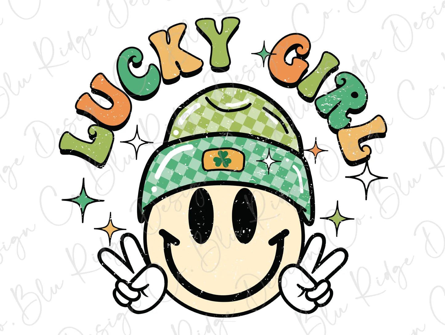 a smiley face wearing a green hat with stars around it