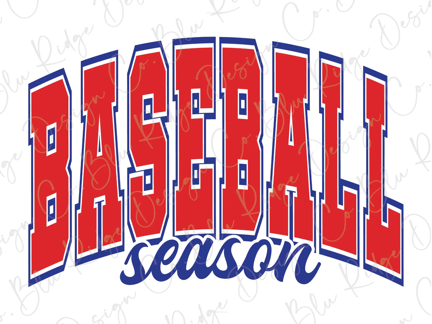 a red and blue baseball season logo on a white background