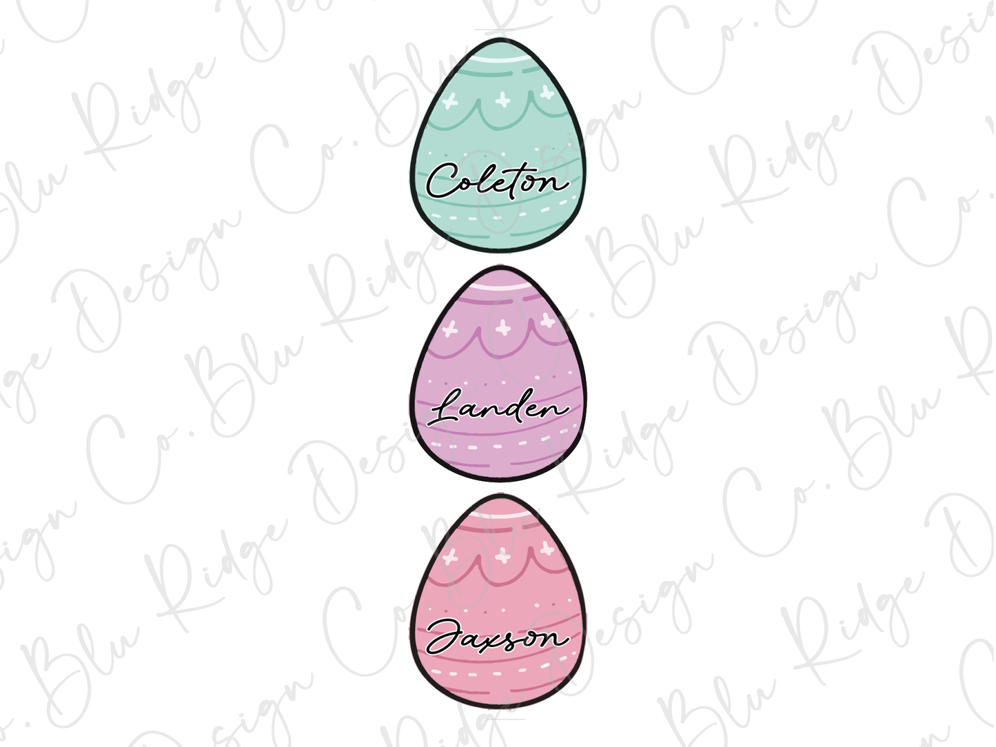 three colored eggs with the names of each of them