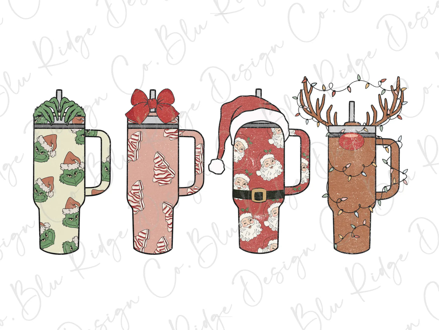 a set of three christmas mugs with antlers on them