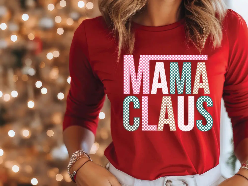 a woman wearing a red shirt that says mama claus