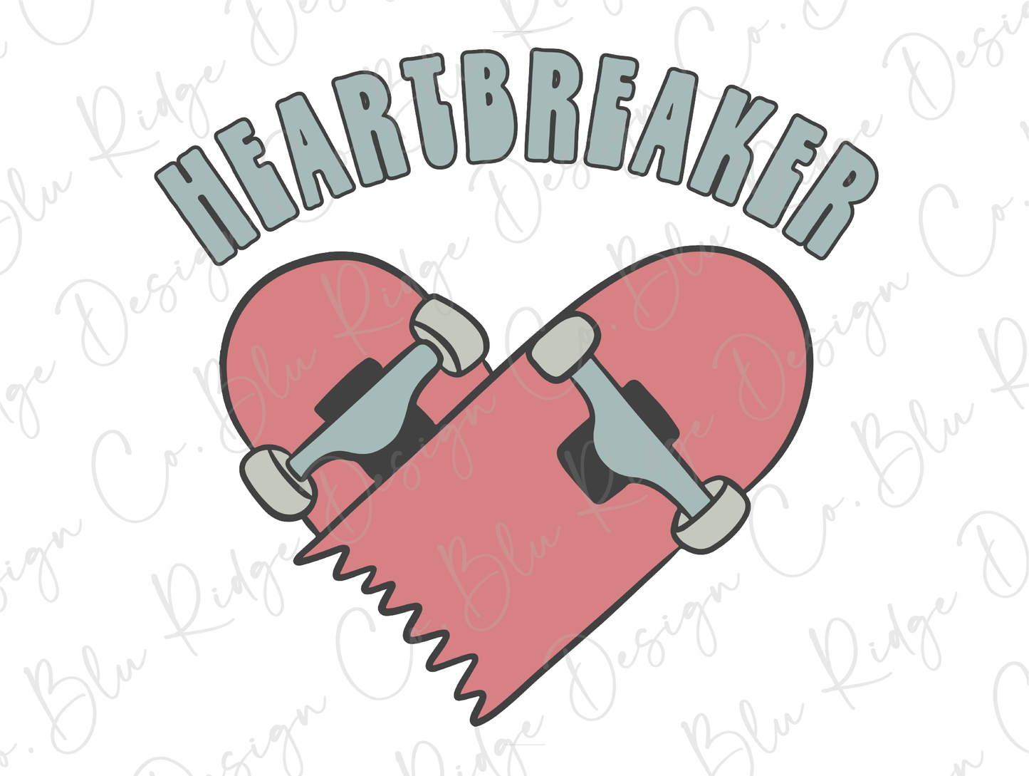 Valentines Day Heartbreaker, Skateboard Heart Pink Retro Anti Valentines Direct To Film (DTF) Transfer