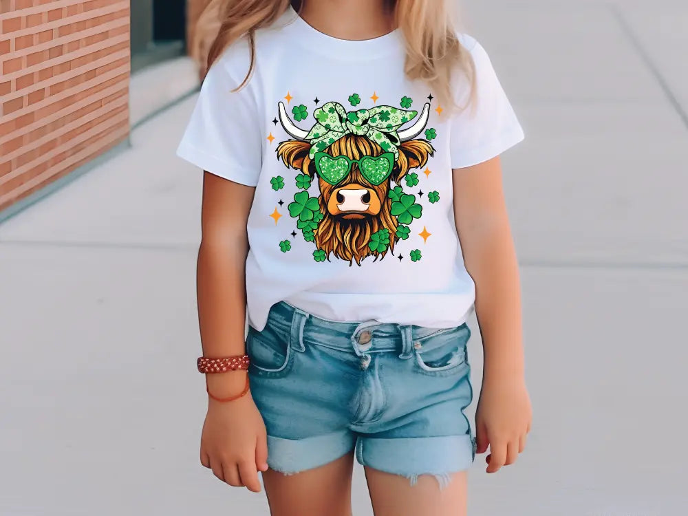 a little girl wearing a shirt with a cow on it