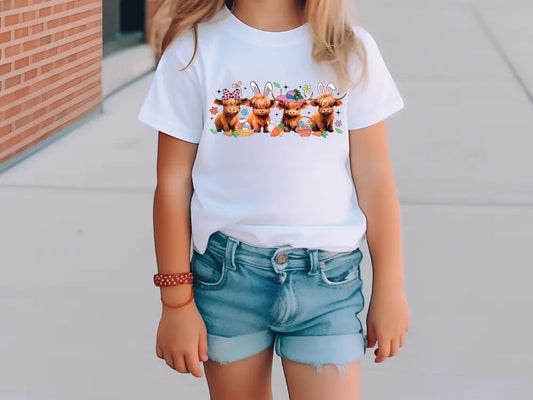 a little girl wearing a white shirt with bears on it