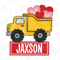 a yellow truck with hearts in the back