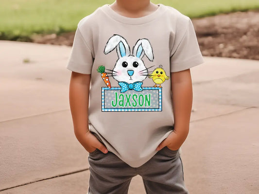 a little boy that is wearing a shirt with a bunny on it