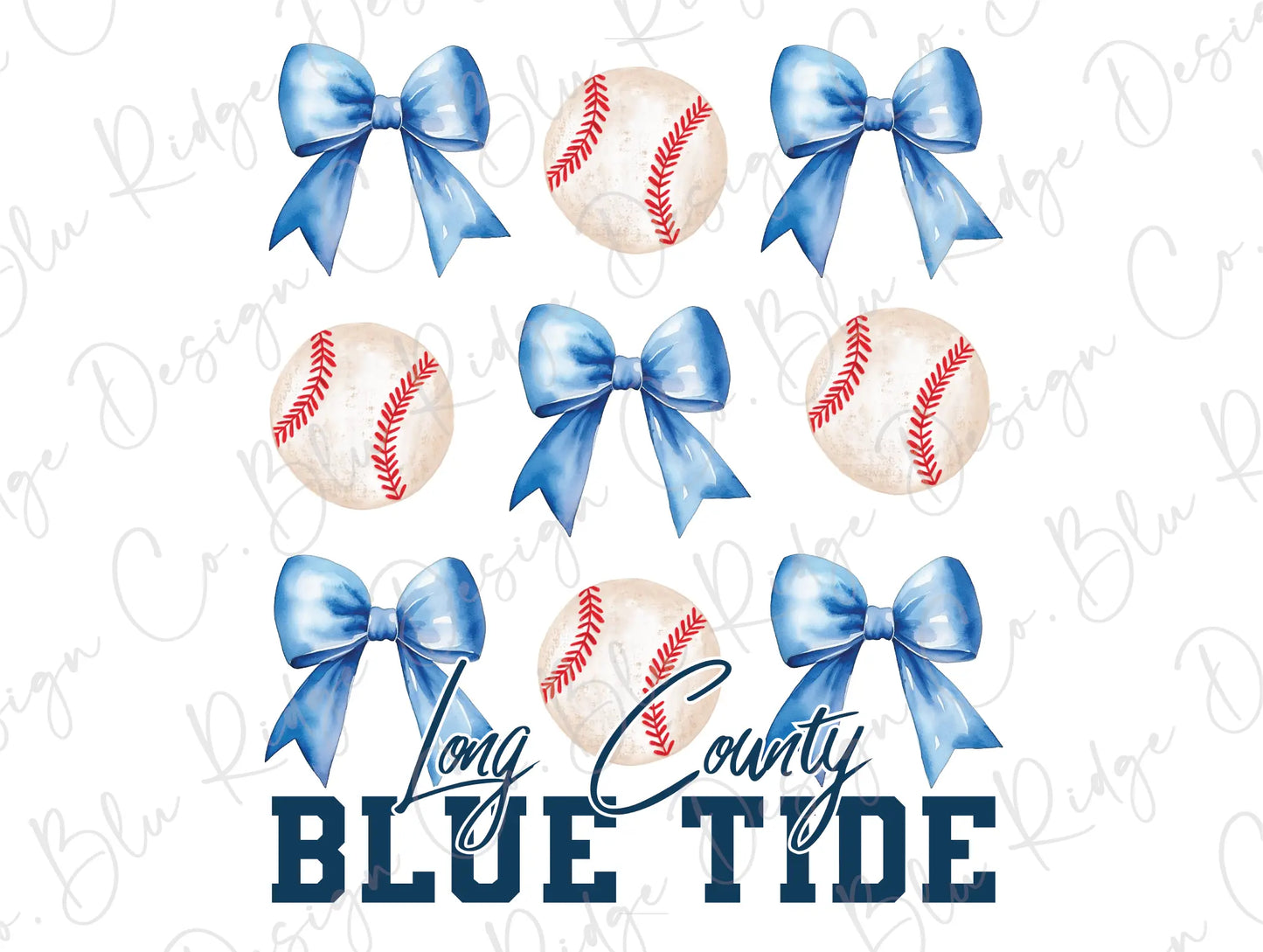 a set of four baseballs with blue bows and the words long county blue tide