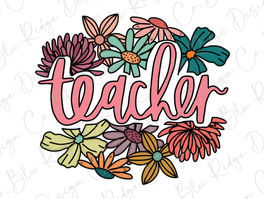 Teacher Colorful Floral Design Direct To Film (DTF) Transfer