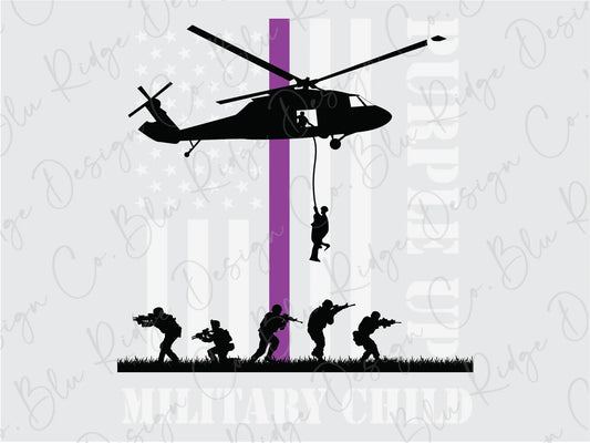 Purple Up Military Child Month with Flag, Service Members, and Blackhawk Pictured. Direct to Film (DTF) Transfer