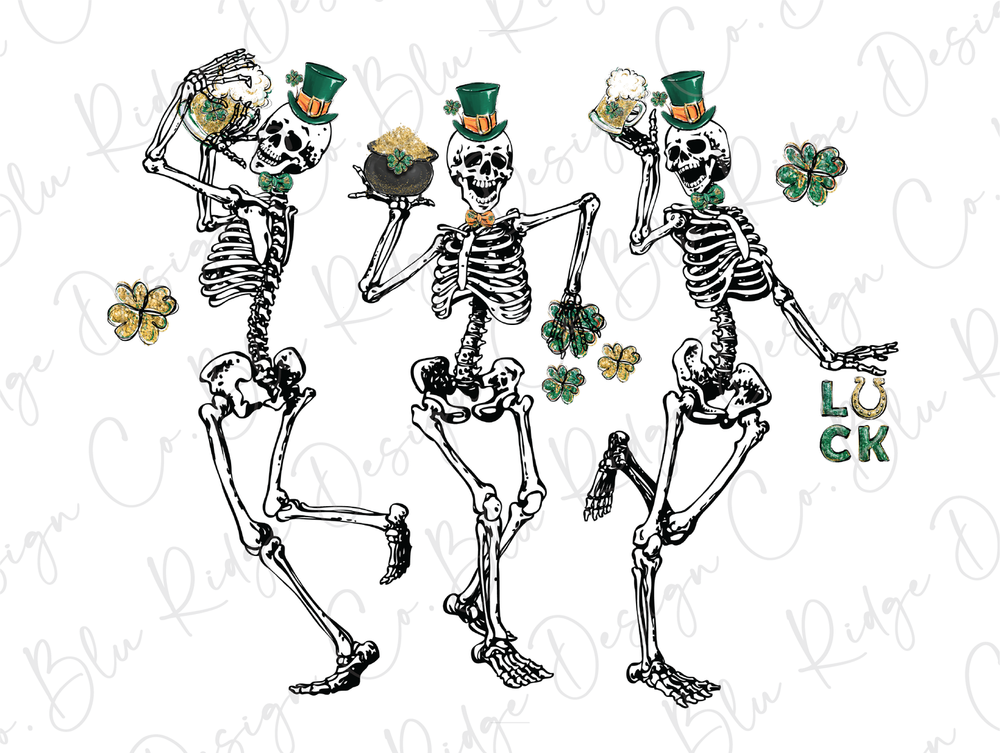 Saint Patricks Day Lucky Dancing Drinking Skeletons Direct To Film (DTF) Transfer