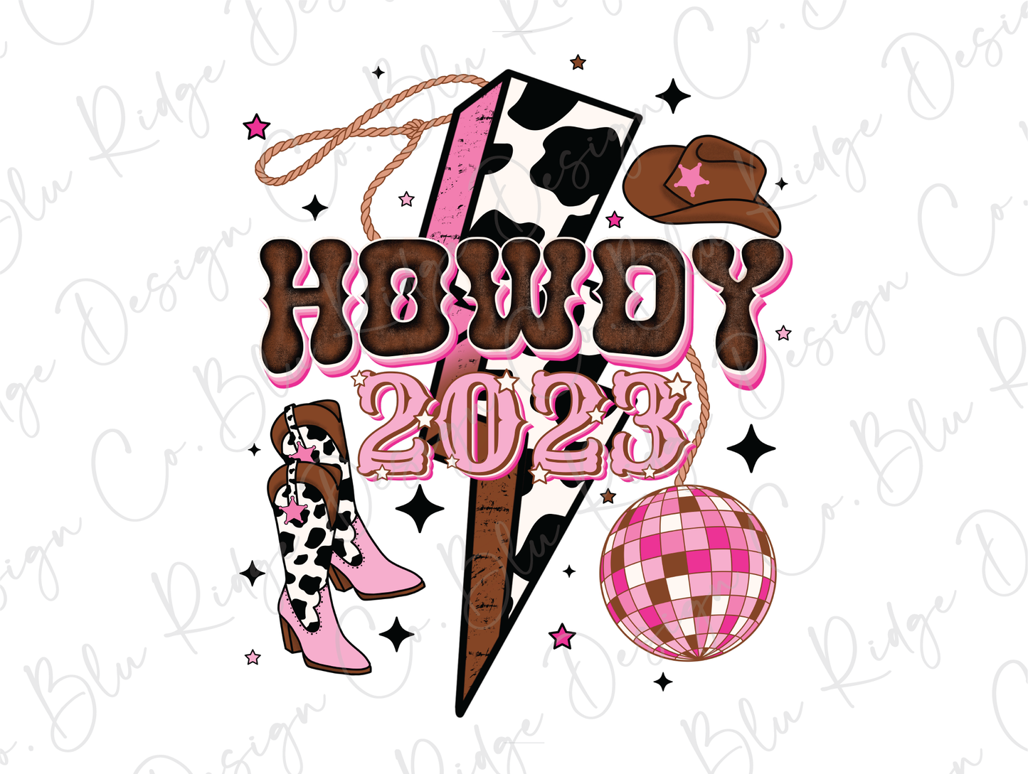 Howdy 2023 Cow Print Lightning Bolt Happy New Years Party Cowgirl Direct to Film (DTF) Transfer