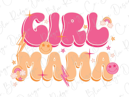 Girl Mama Retro Colorful Lightning Bolt, Stars, Smileys Stacked Direct To Film (DTF) Transfer BluRidgeDesignCo