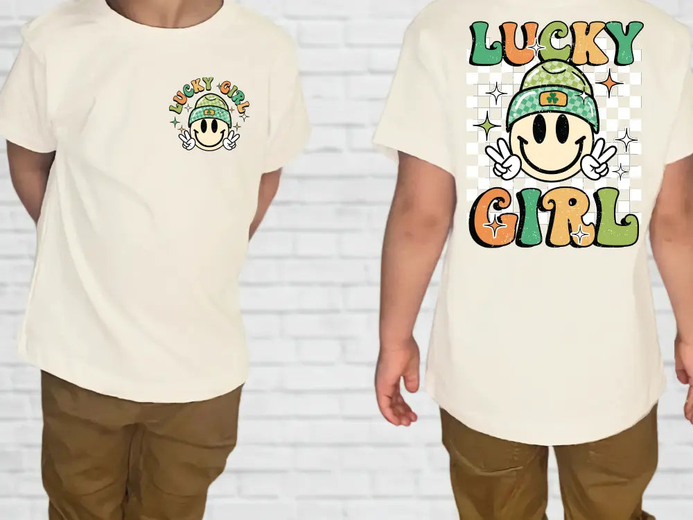 a man wearing a t - shirt that says lucky girl