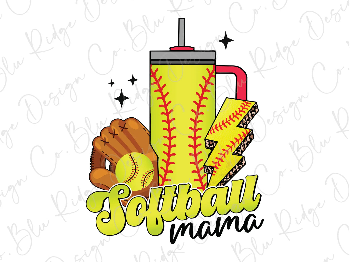 a softball and a drink with the words softball mama on it