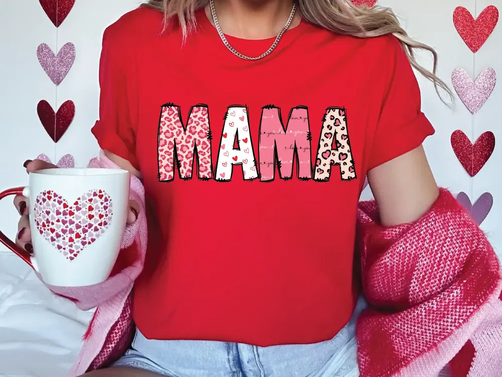 a woman in a red shirt holding a coffee mug