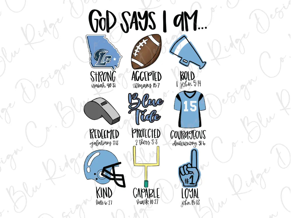 God Says I am Long County Football Personalizable Design Direct To Film (DTF) Transfer BluRidgeDesignCo