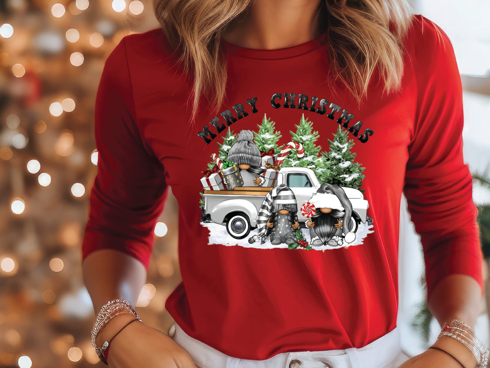 a woman wearing a red shirt with a christmas truck