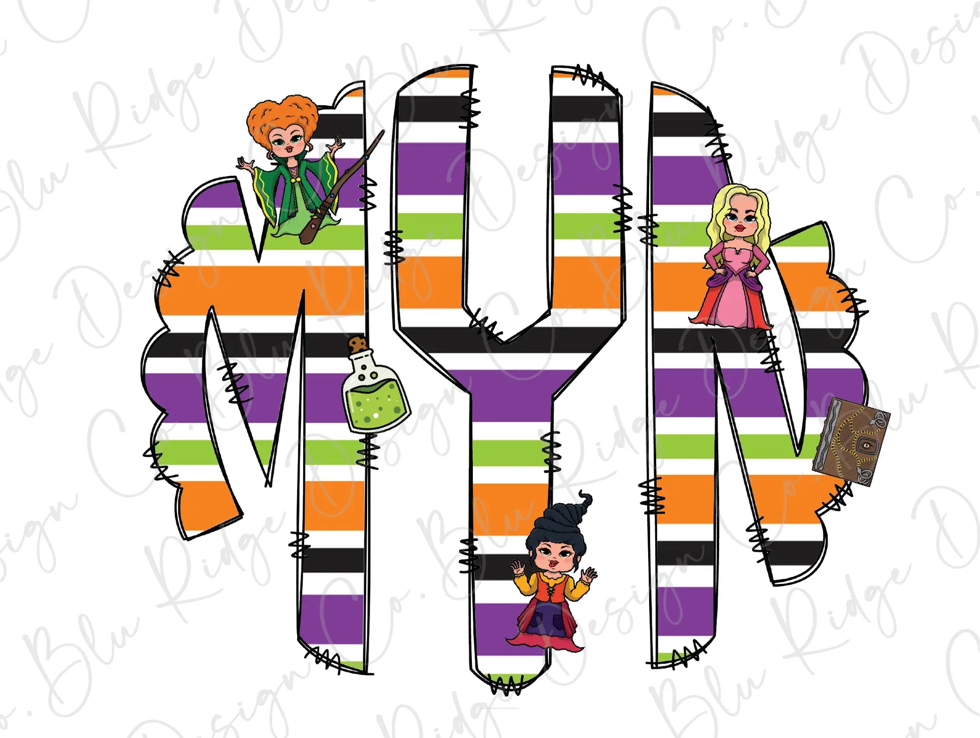 Halloween Witch Sisters Girls Personalized Monogram Design Direct To Film (DTF) Transfer BluRidgeDesignCo