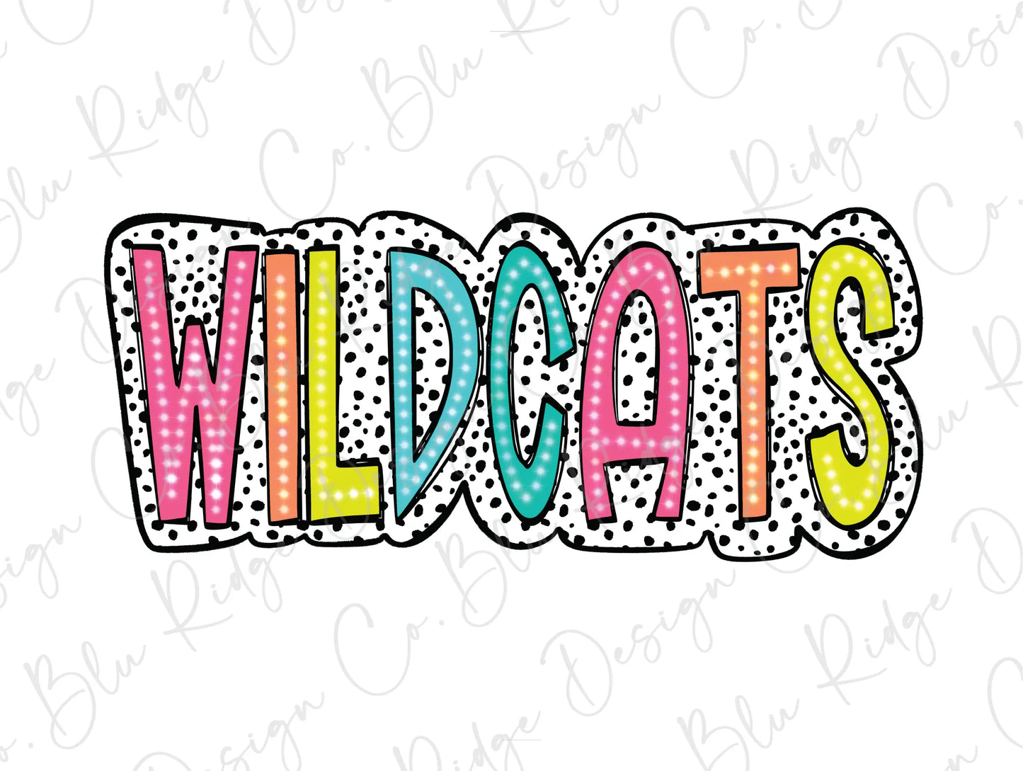 the word wildcats with polka dots on a white background