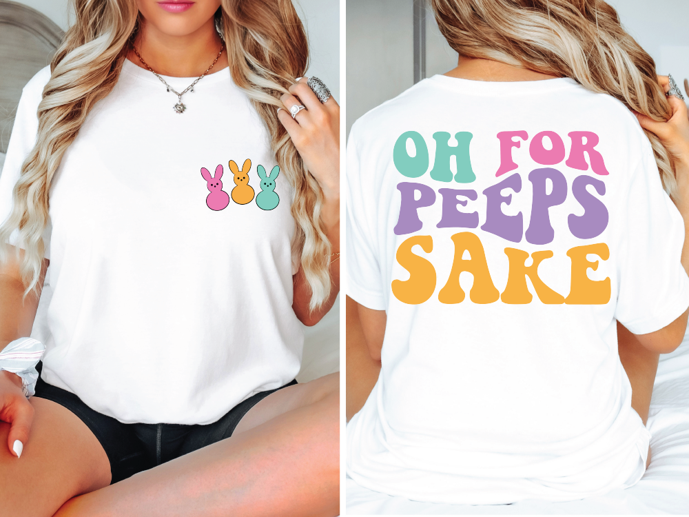 a woman sitting on a bed wearing a shirt that says oh for peps sake