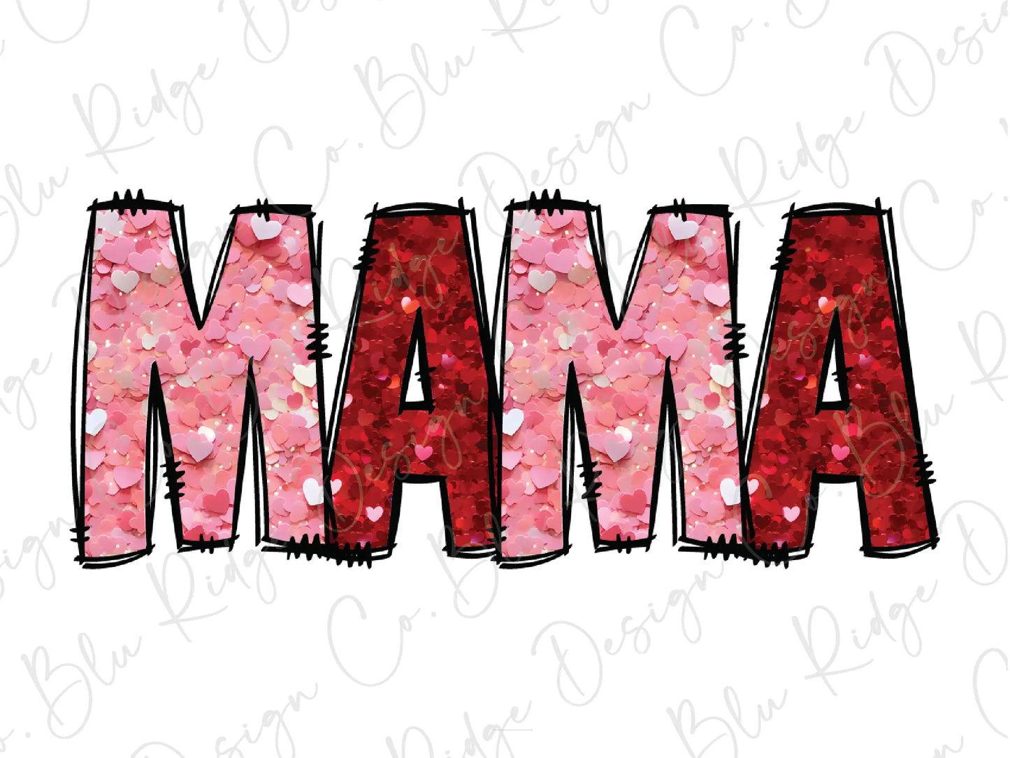 the word mama is made up of pink and red glitters