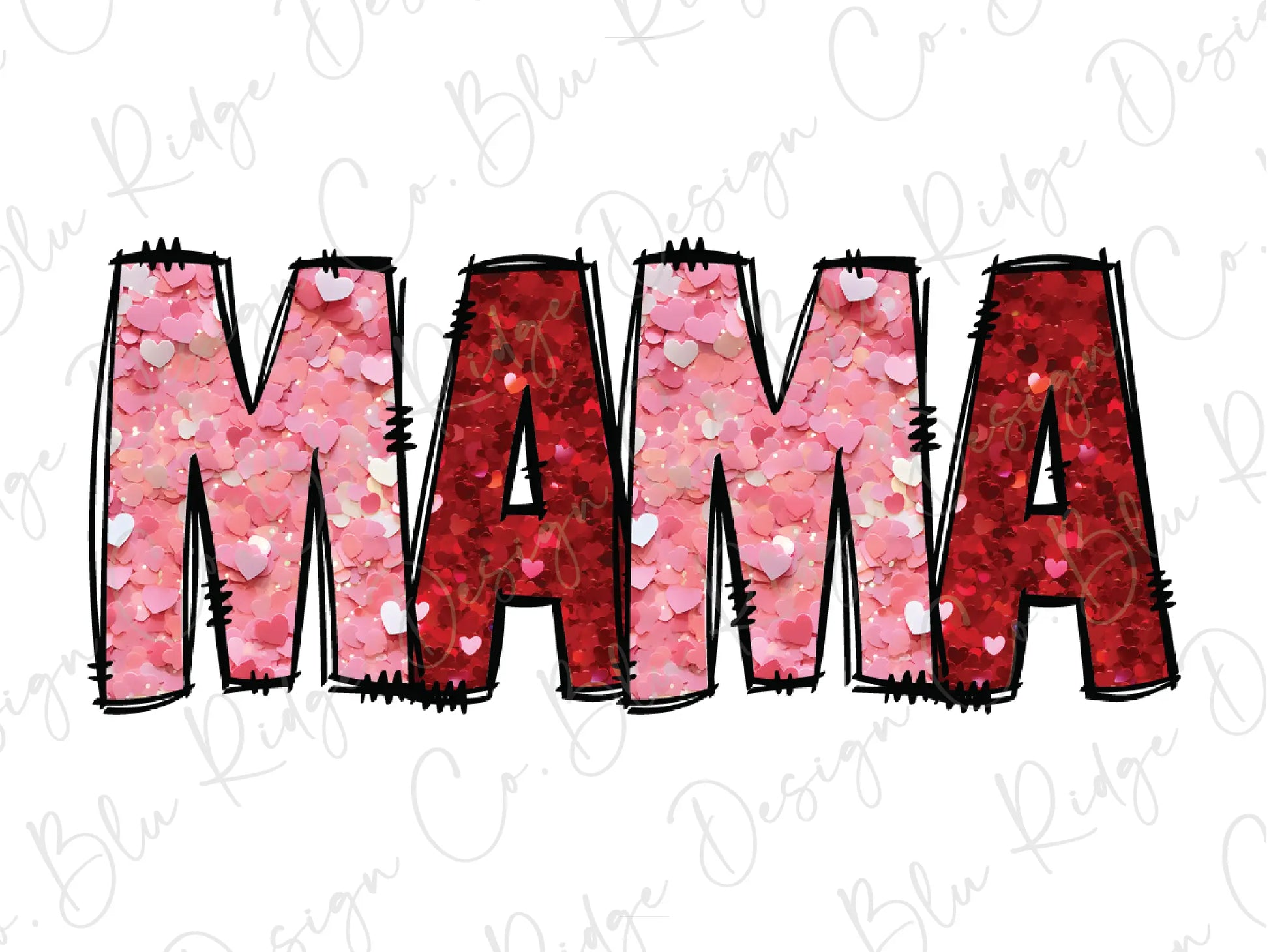 the word mama is made up of pink and red glitters