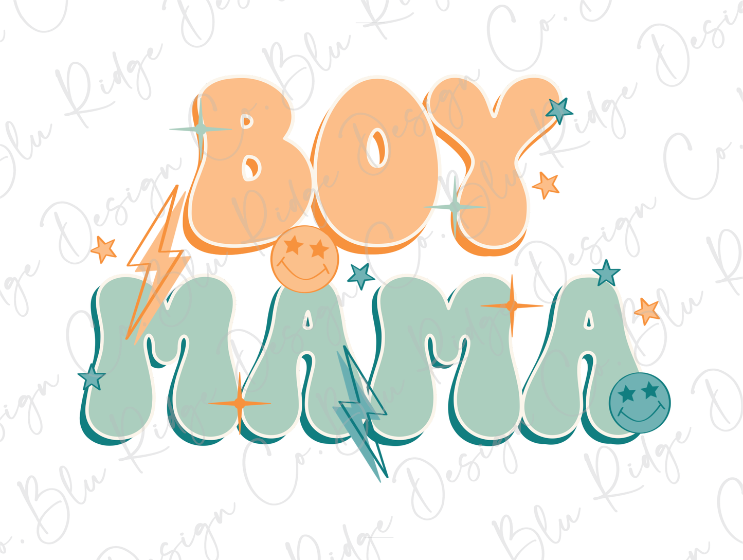Boy Mama Retro Colorful Lightning Bolt, Stars, Smileys Stacked Direct To Film (DTF) Transfer