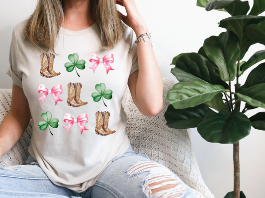 a woman sitting on a couch wearing a t - shirt with boots and shamrocks