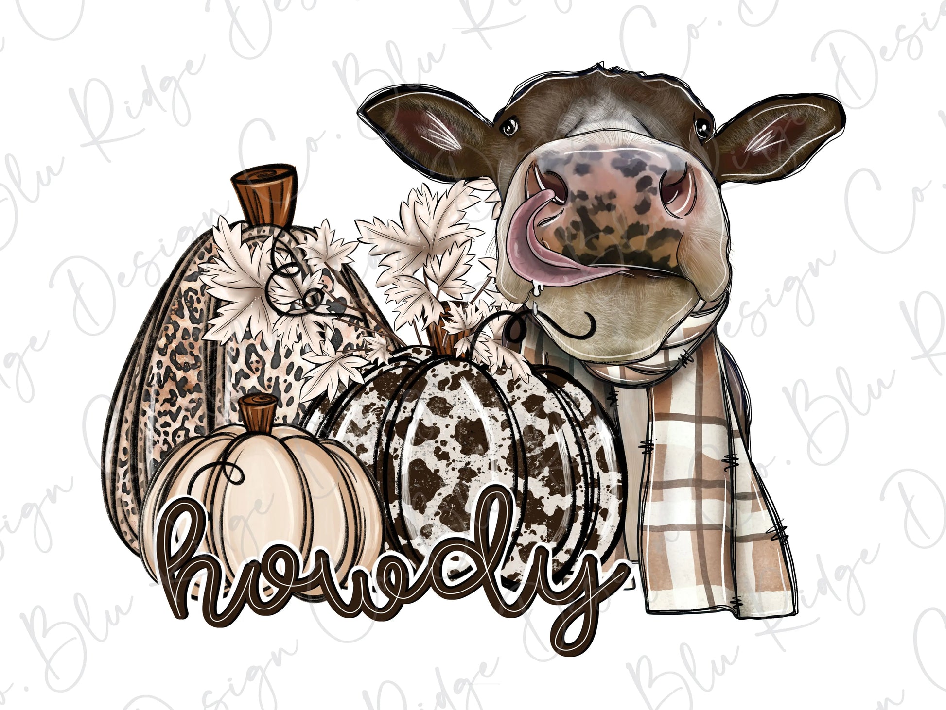 Howdy Fall Cow with Cowhide Pumpkins Direct To Film (DTF) Transfers BluRidgeDesignCo