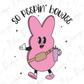 a pink bunny holding a baseball bat and a cup